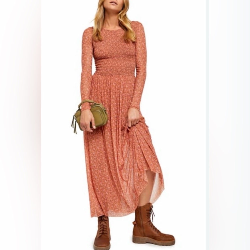 Free People Brown Terracotta Floral Hello And Goodbye Midi Dress Sheer Medium